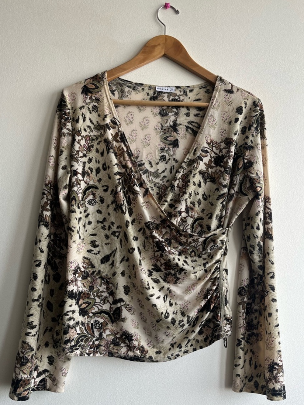 Forever 21 Y2K Boho Wrap Top | Long Sleeve Floral Animal Print Ruched Side Sz M